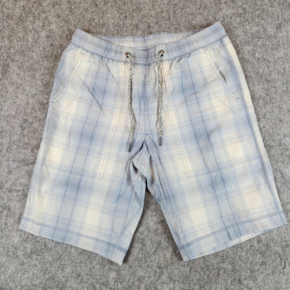 Tommy Bahama Shorts Men M Blue Plaid Pima Linen Elastic Preppy Casual Drawstring